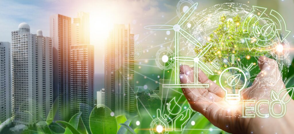 Stadtlandschaft mit Symbolen für erneuerbare Energie | Glasbruchfolie